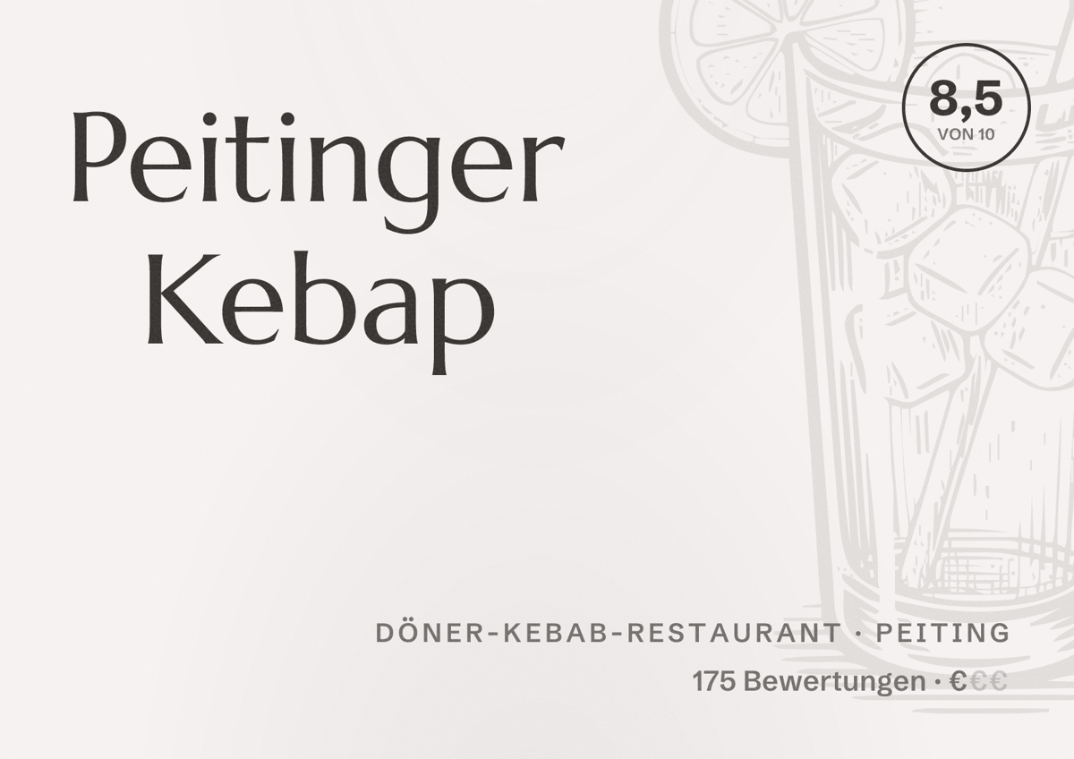 Illustriertes Poster von Peitinger Kebap, Döner-Kebab-Restaurant in Peiting: Bewertung 8,5 von 10 aus 175 Bewertungen, Preisniveau €