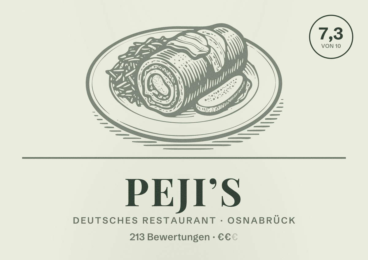 Illustriertes Poster von Peji’s, Deutsches Restaurant in Osnabrück: Bewertung 7,3 von 10 aus 213 Bewertungen, Preisniveau €€