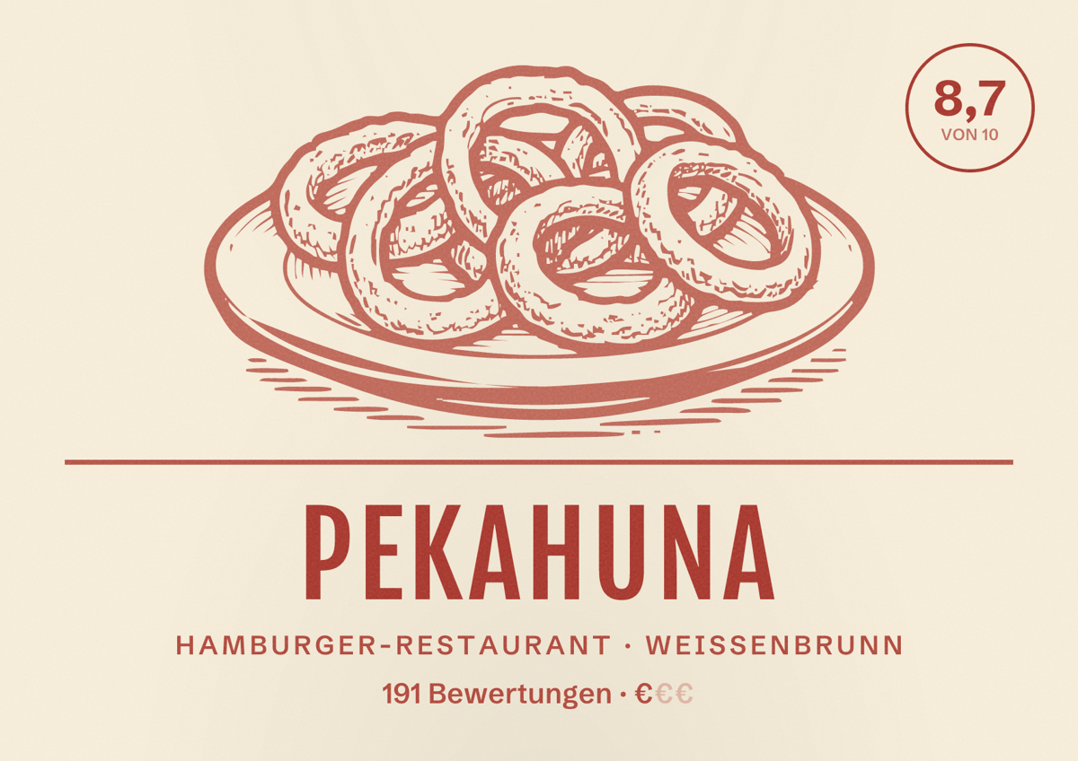 Illustriertes Poster von Pekahuna, Hamburger-Restaurant in Weißenbrunn: Bewertung 8,7 von 10 aus 191 Bewertungen, Preisniveau €
