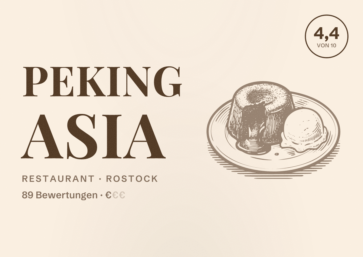 Illustriertes Poster von Peking Asia, Restaurant in Rostock: Bewertung 4,4 von 10 aus 89 Bewertungen, Preisniveau €