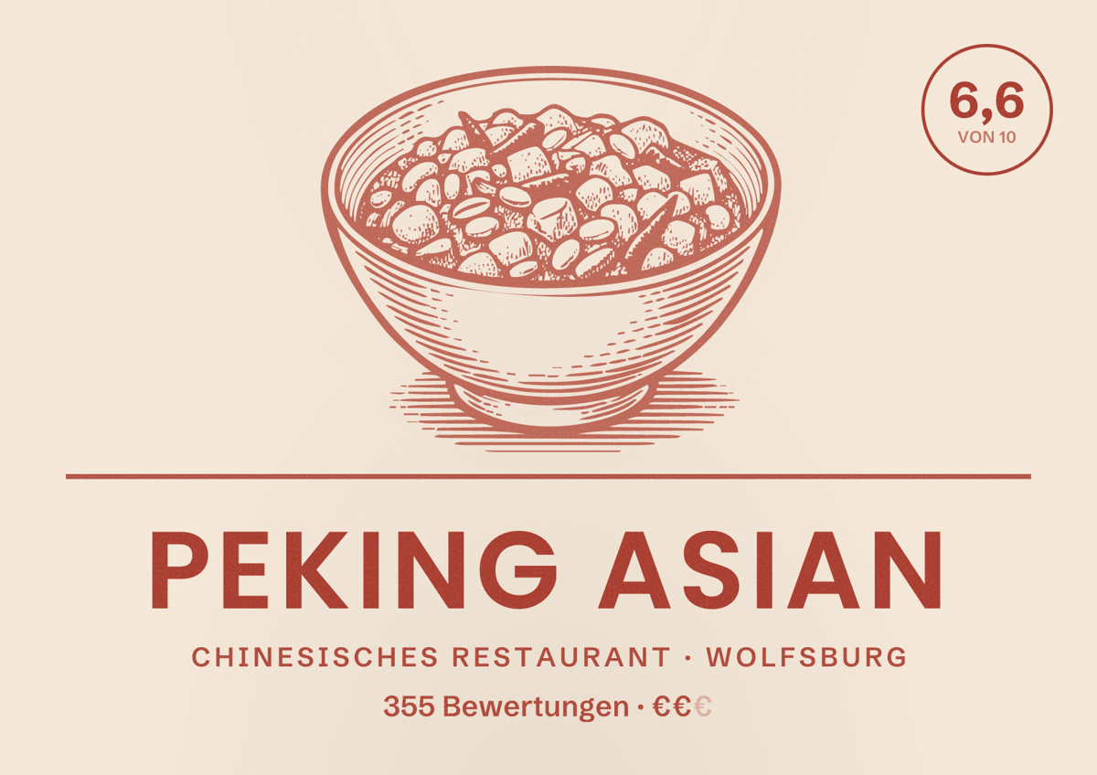 Illustriertes Poster von Peking Asian, Chinesisches Restaurant in Wolfsburg: Bewertung 6,6 von 10 aus 355 Bewertungen, Preisniveau €€