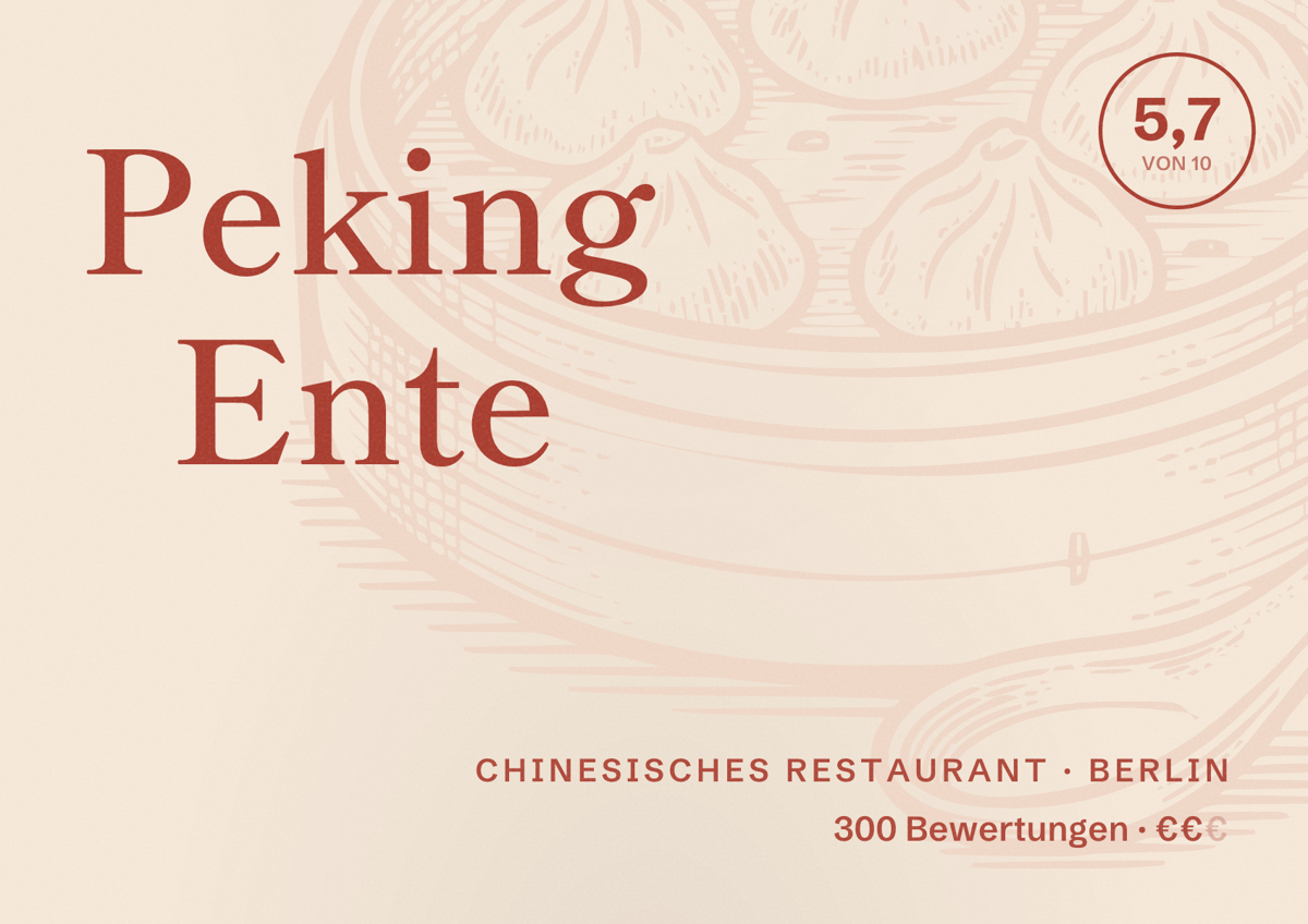 Illustriertes Poster von Peking Ente, Chinesisches Restaurant in Berlin: Bewertung 5,7 von 10 aus 300 Bewertungen, Preisniveau €€