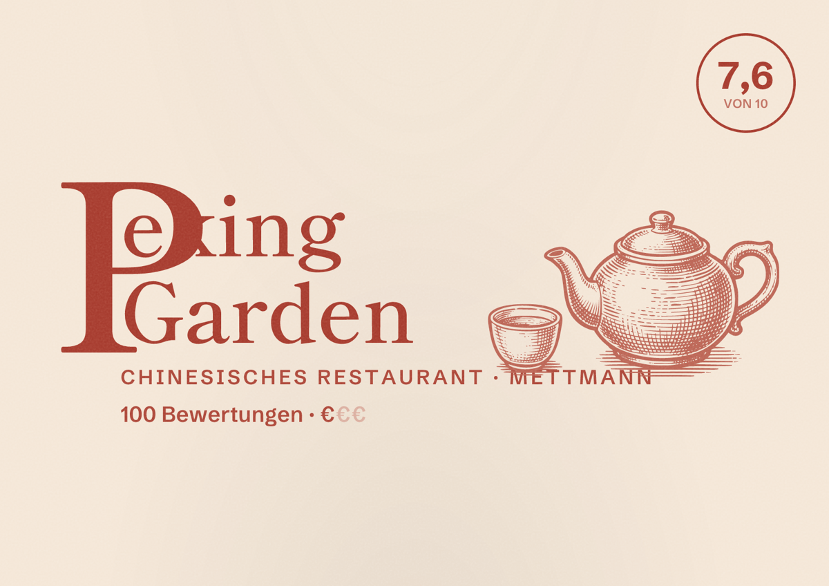 Illustriertes Poster von Peking Garden, Chinesisches Restaurant in Mettmann: Bewertung 7,6 von 10 aus 100 Bewertungen, Preisniveau €
