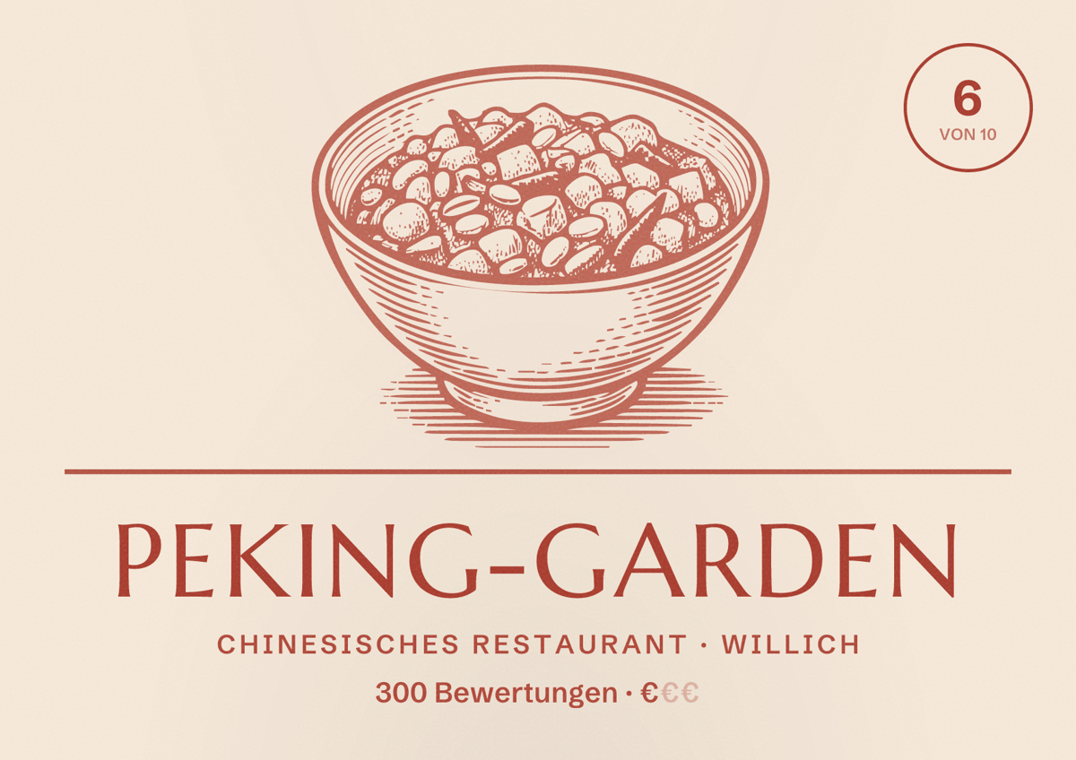 Illustriertes Poster von Peking-Garden, Chinesisches Restaurant in Willich: Bewertung 6 von 10 aus 300 Bewertungen, Preisniveau €