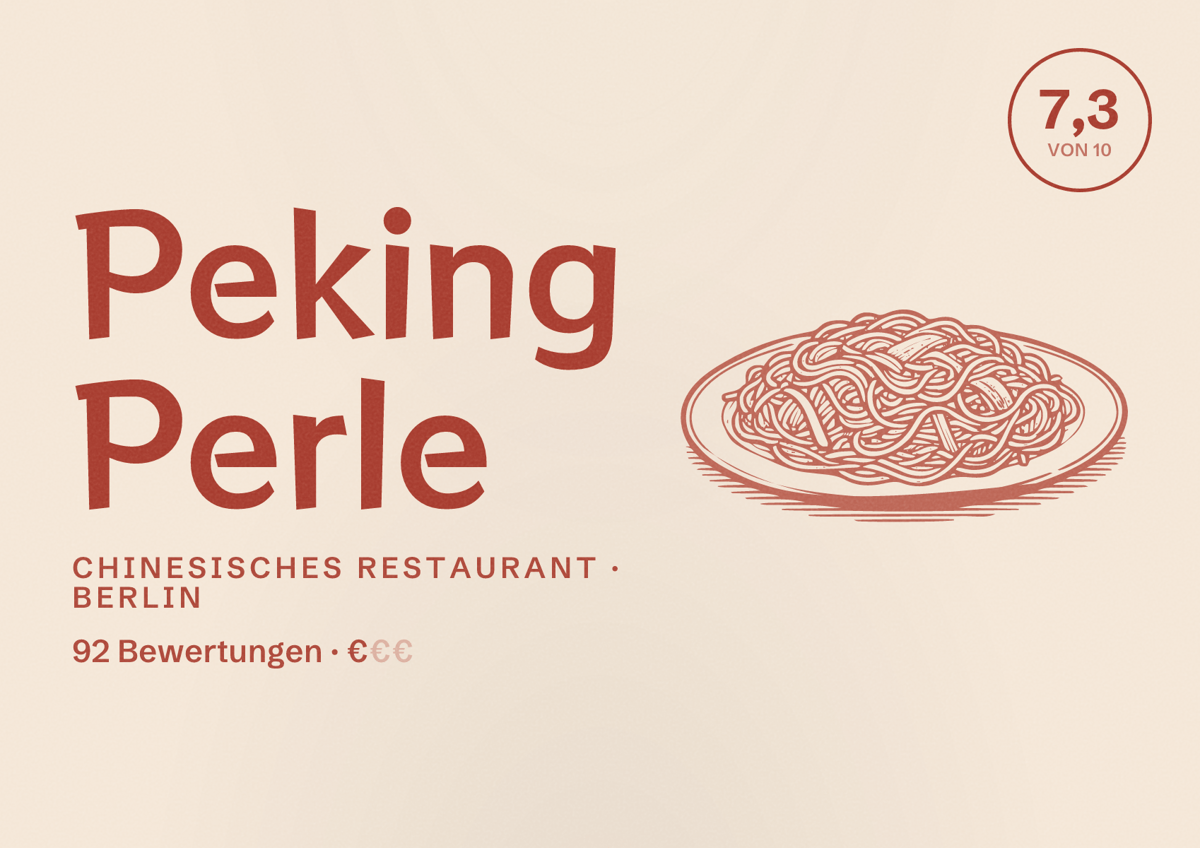 Illustriertes Poster von Peking Perle, Chinesisches Restaurant in Berlin: Bewertung 7,3 von 10 aus 92 Bewertungen, Preisniveau €