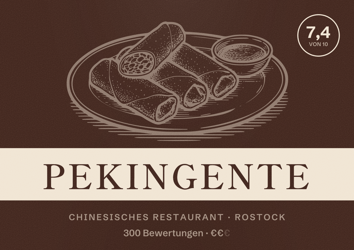 Illustriertes Poster von Pekingente, Chinesisches Restaurant in Rostock: Bewertung 7,4 von 10 aus 300 Bewertungen, Preisniveau €€