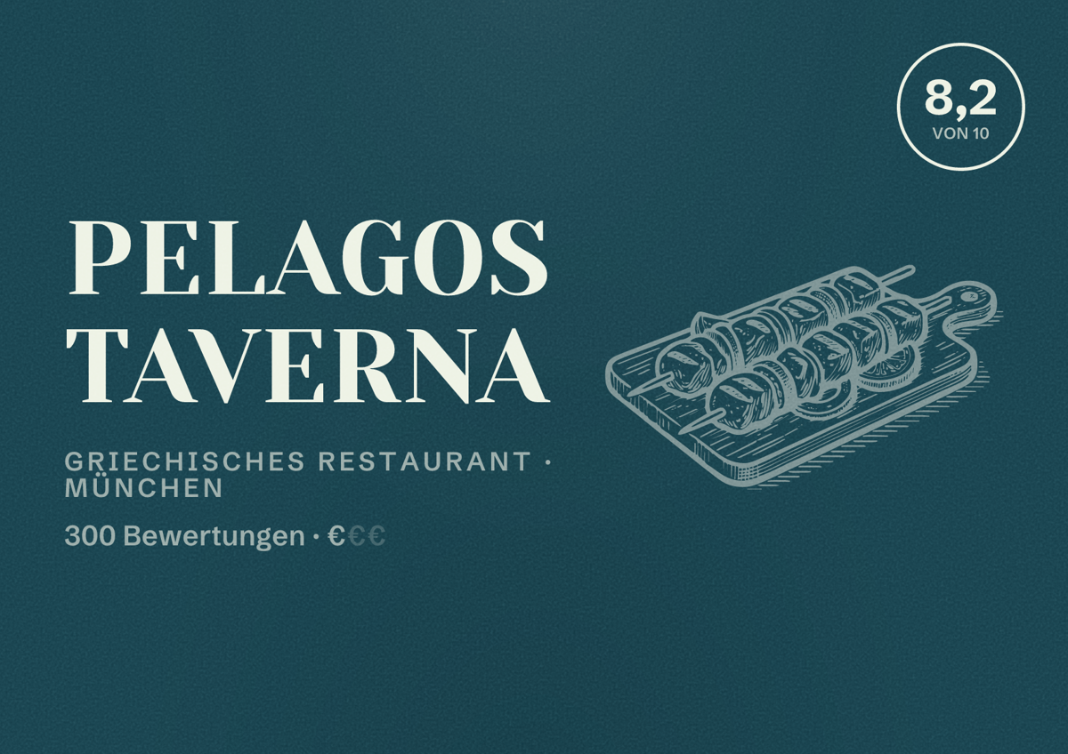 Illustriertes Poster von Pelagos Taverna, Griechisches Restaurant in München: Bewertung 8,2 von 10 aus 300 Bewertungen, Preisniveau €