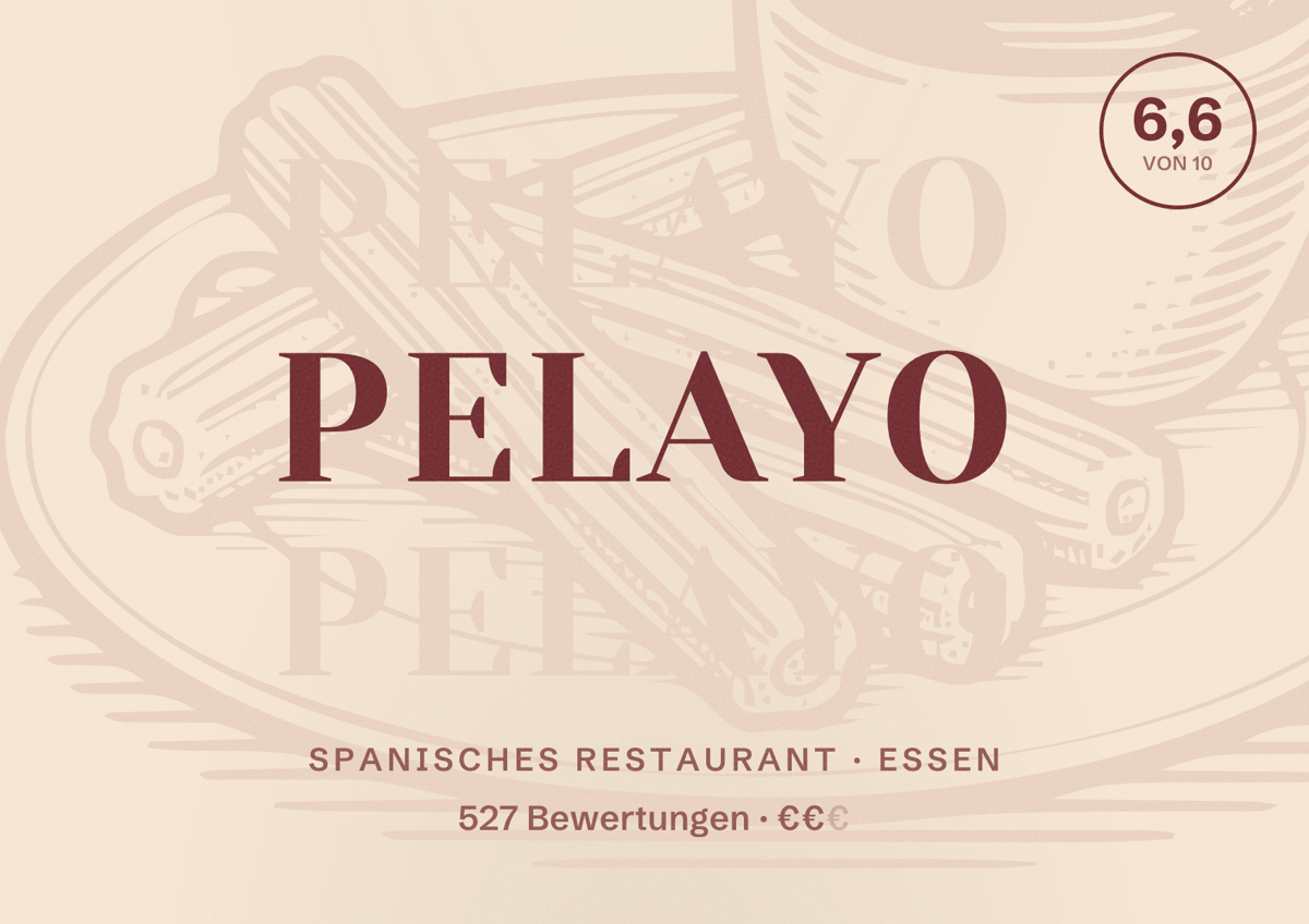 Illustriertes Poster von Pelayo, Spanisches Restaurant in Essen: Bewertung 6,6 von 10 aus 527 Bewertungen, Preisniveau €€