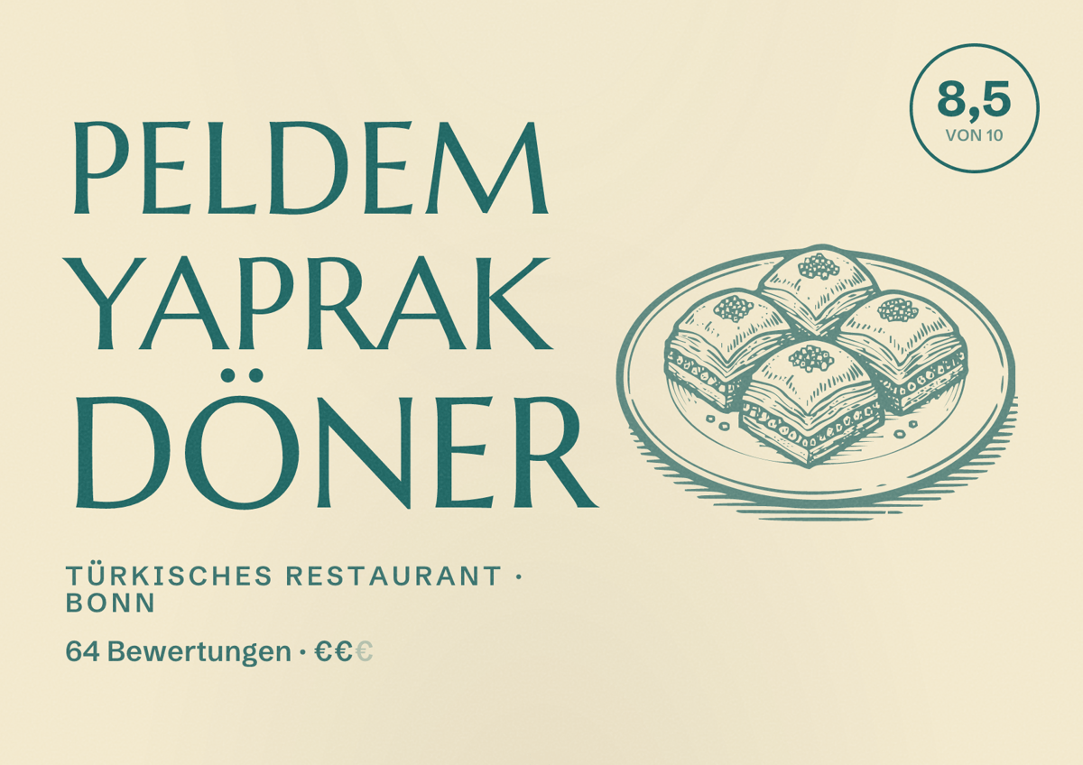 Illustriertes Poster von Peldem Yaprak Döner, Türkisches Restaurant in Bonn: Bewertung 8,5 von 10 aus 64 Bewertungen, Preisniveau €€