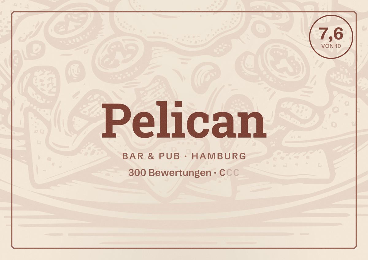 Illustriertes Poster von Pelican, Bar & Pub in Hamburg: Bewertung 7,6 von 10 aus 300 Bewertungen, Preisniveau €