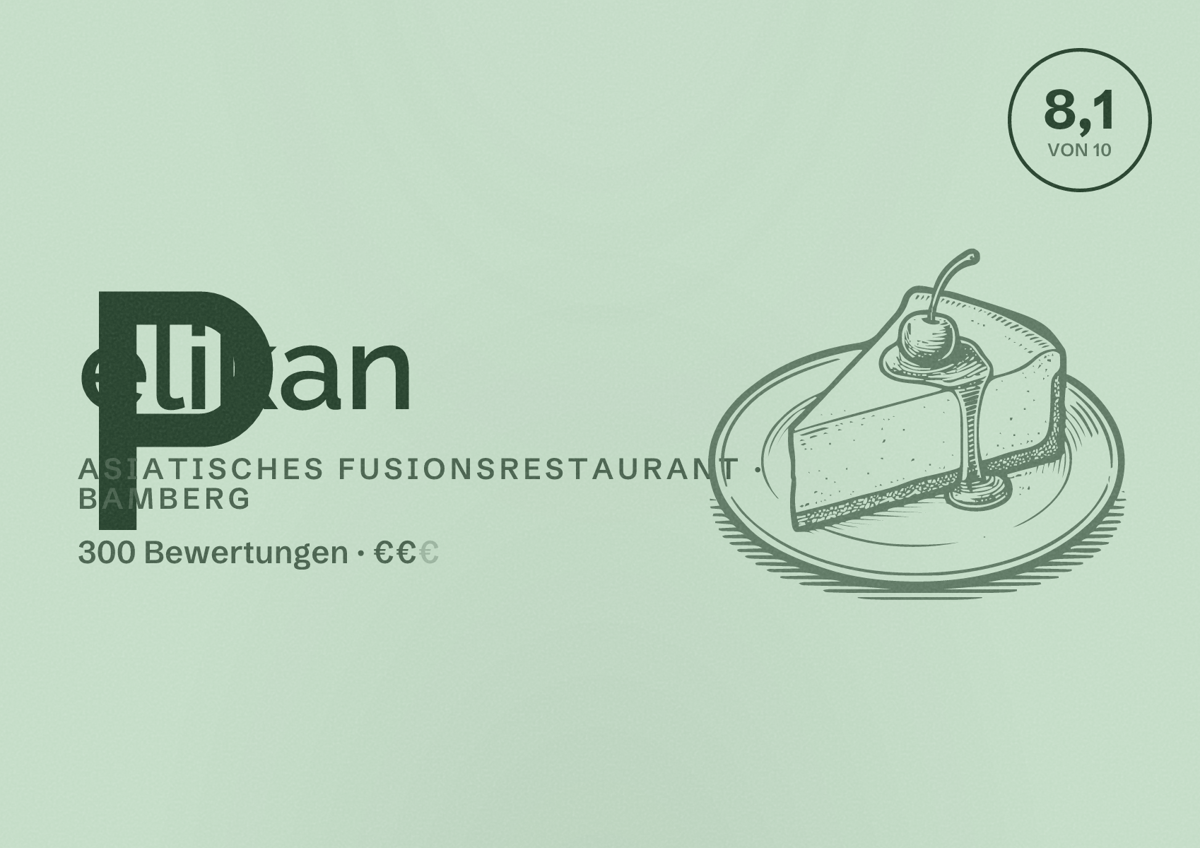 Illustriertes Poster von Pelikan, Asiatisches Fusionsrestaurant in Bamberg: Bewertung 8,1 von 10 aus 300 Bewertungen, Preisniveau €€