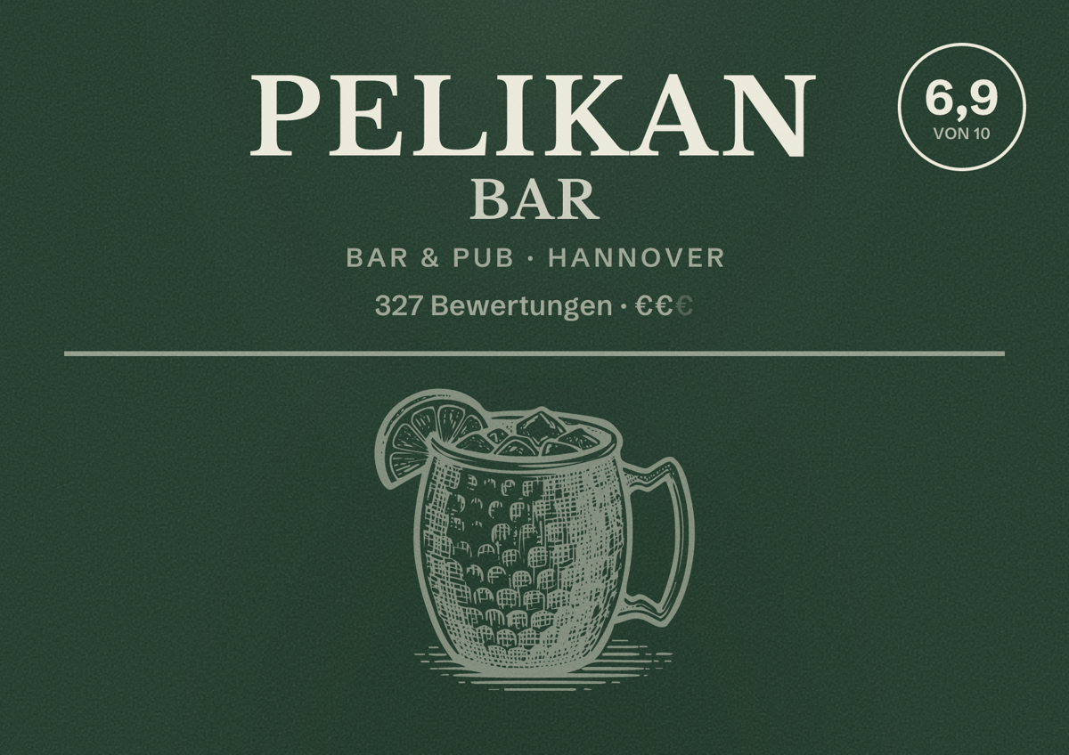 Illustriertes Poster von Pelikan Bar, Bar & Pub in Hannover: Bewertung 6,9 von 10 aus 327 Bewertungen, Preisniveau €€