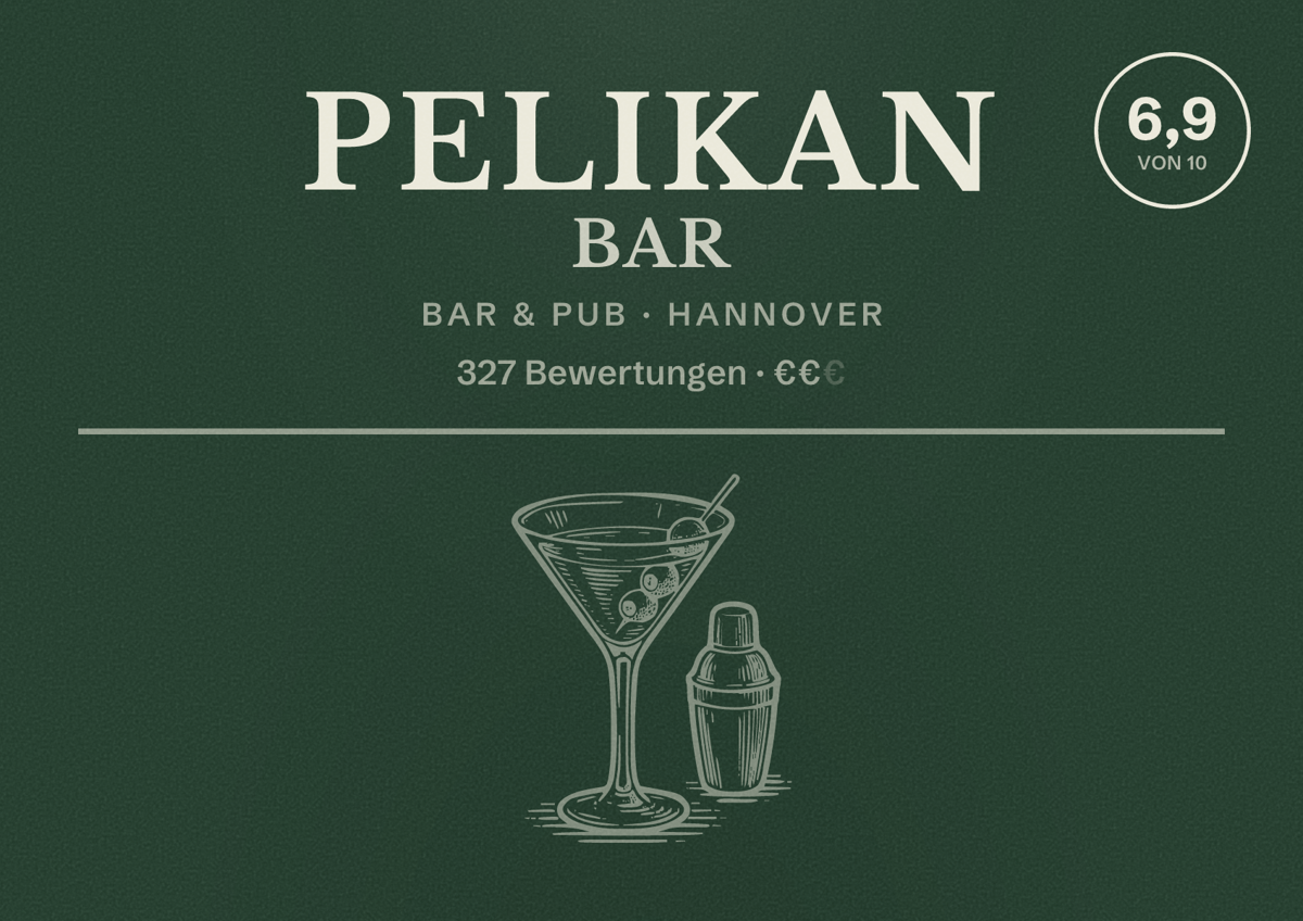 Illustriertes Poster von Pelikan Bar, Bar & Pub in Hannover: Bewertung 6,9 von 10 aus 327 Bewertungen, Preisniveau €€