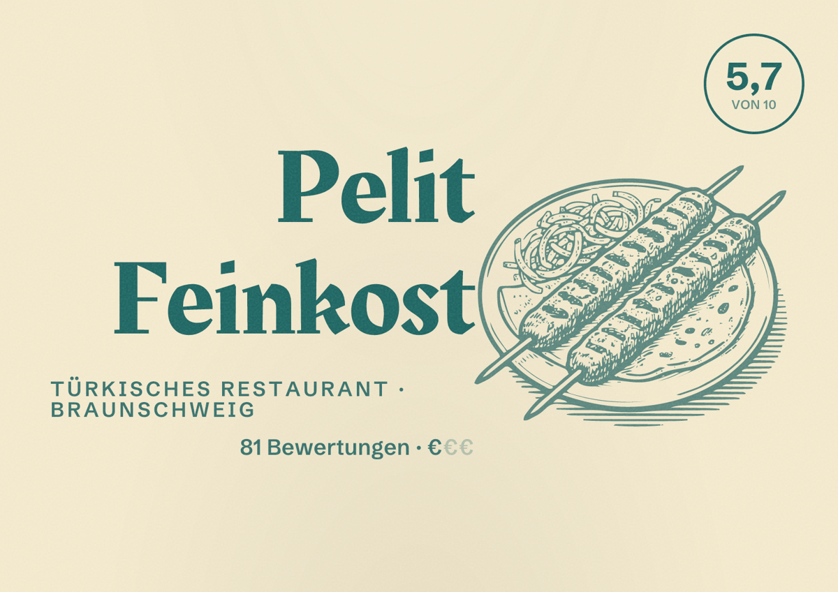 Illustriertes Poster von Pelit Feinkost, Türkisches Restaurant in Braunschweig: Bewertung 5,7 von 10 aus 81 Bewertungen, Preisniveau €