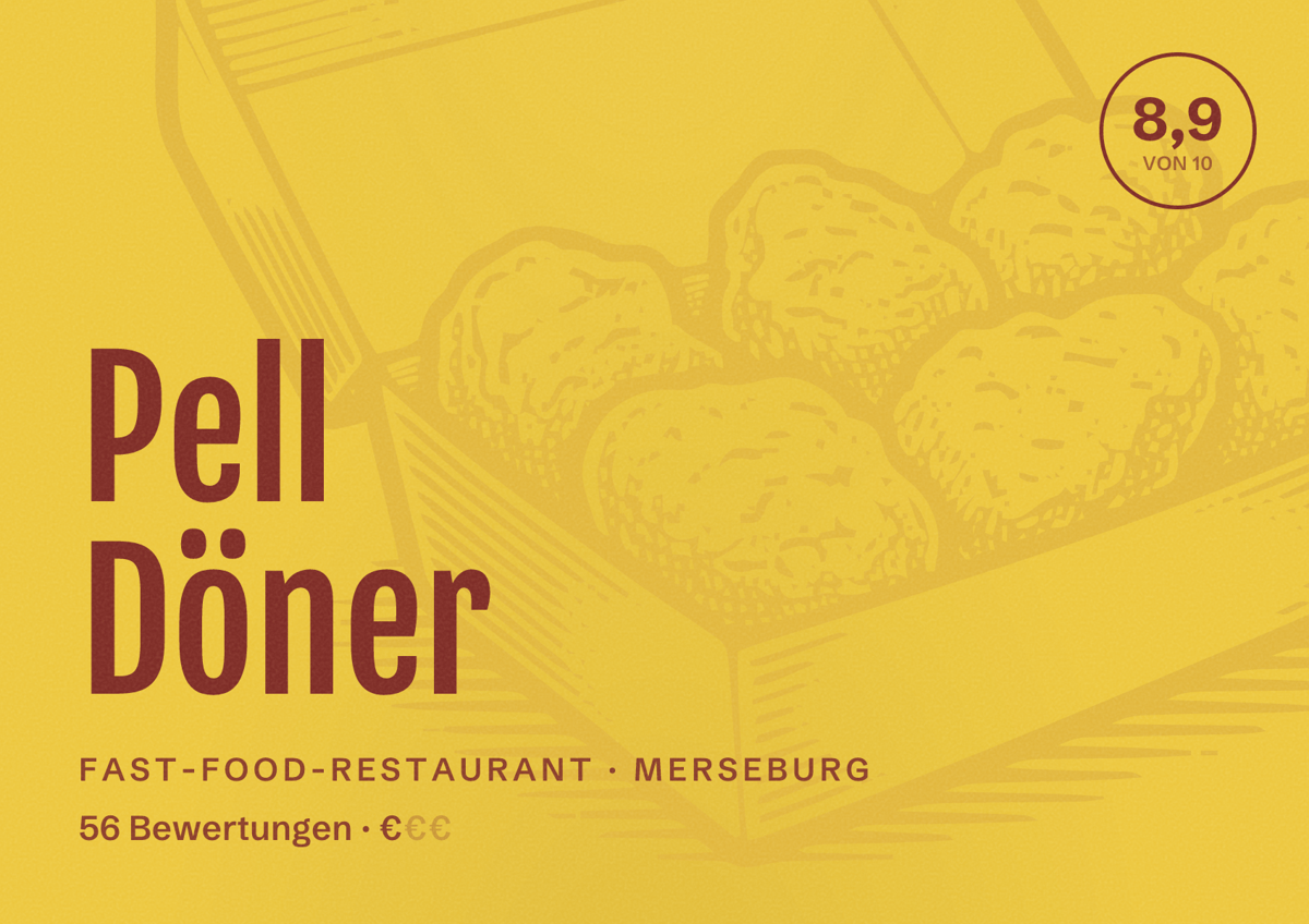 Illustriertes Poster von Pell Döner, Fast-Food-Restaurant in Merseburg: Bewertung 8,9 von 10 aus 56 Bewertungen, Preisniveau €