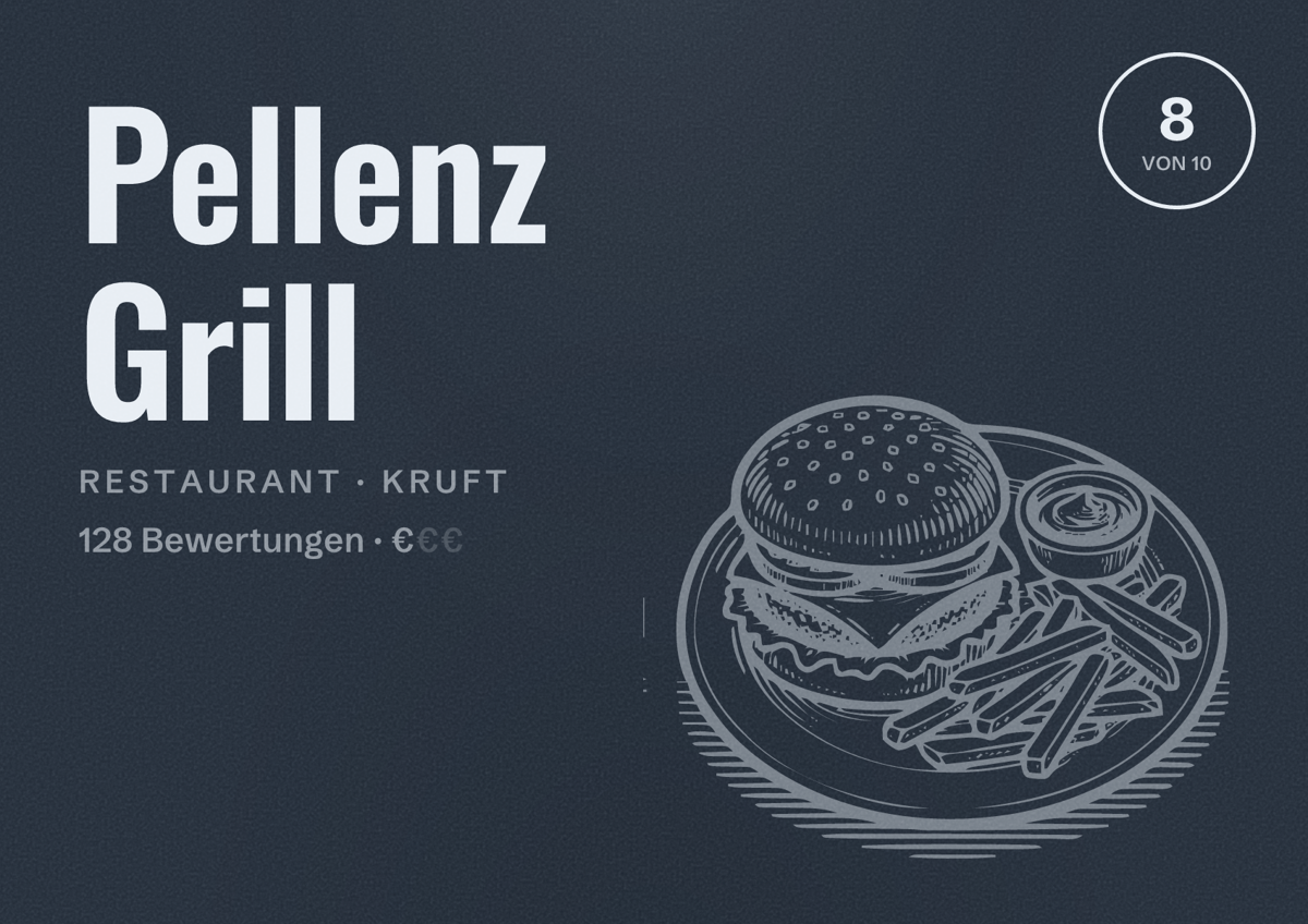 Illustriertes Poster von Pellenz Grill, Restaurant in Kruft: Bewertung 8 von 10 aus 128 Bewertungen, Preisniveau €
