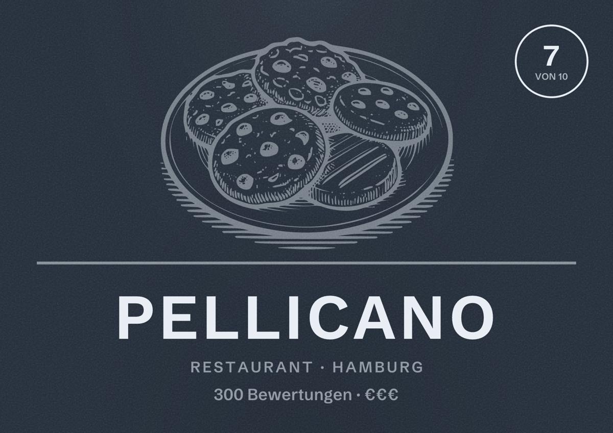 Illustriertes Poster von PELLICANO, Restaurant in Hamburg: Bewertung 7,0 von 10 aus 300 Bewertungen, Preisniveau €€€