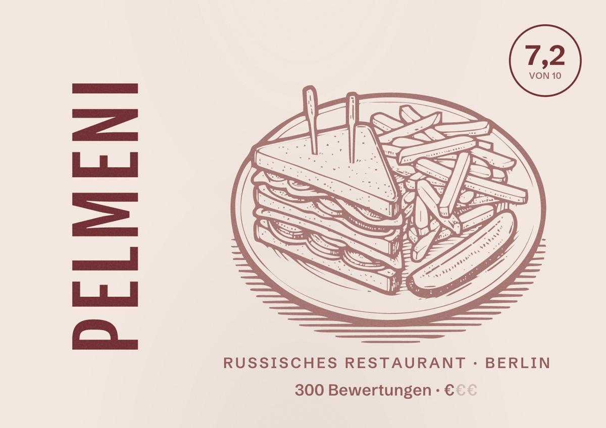 Illustriertes Poster von Pelmeni, Russisches Restaurant in Berlin: Bewertung 7,2 von 10 aus 300 Bewertungen, Preisniveau €