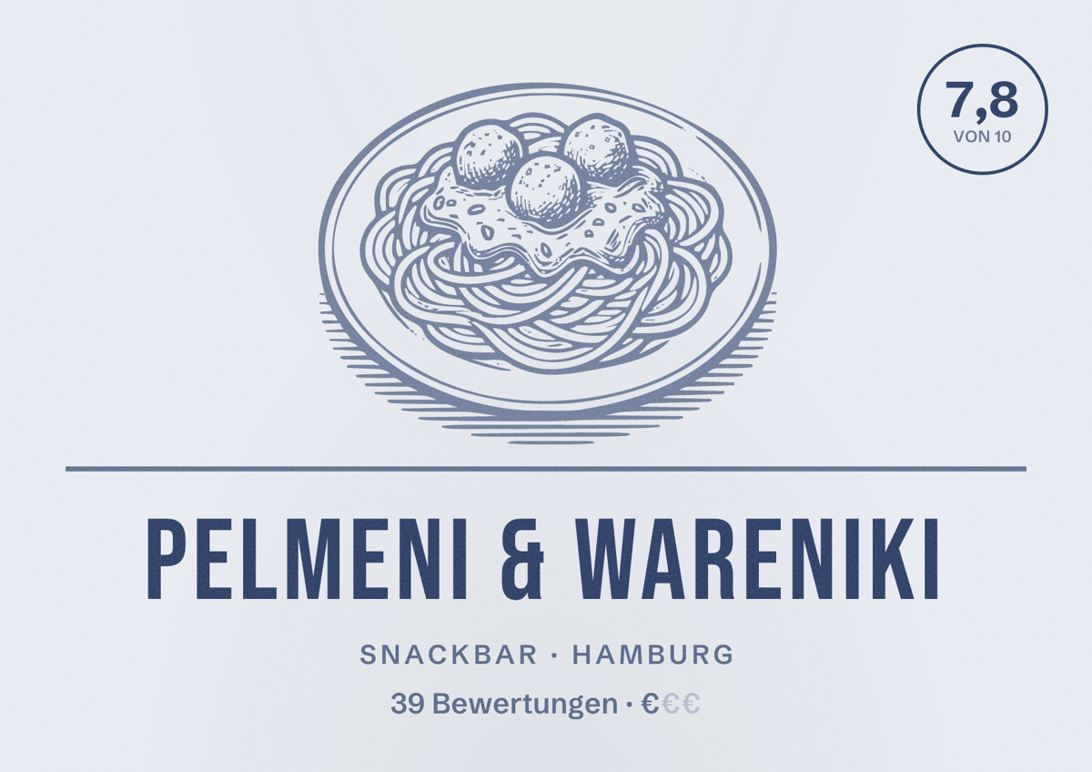 Illustriertes Poster von Pelmeni & Wareniki, Snackbar in Hamburg: Bewertung 7,8 von 10 aus 39 Bewertungen, Preisniveau €