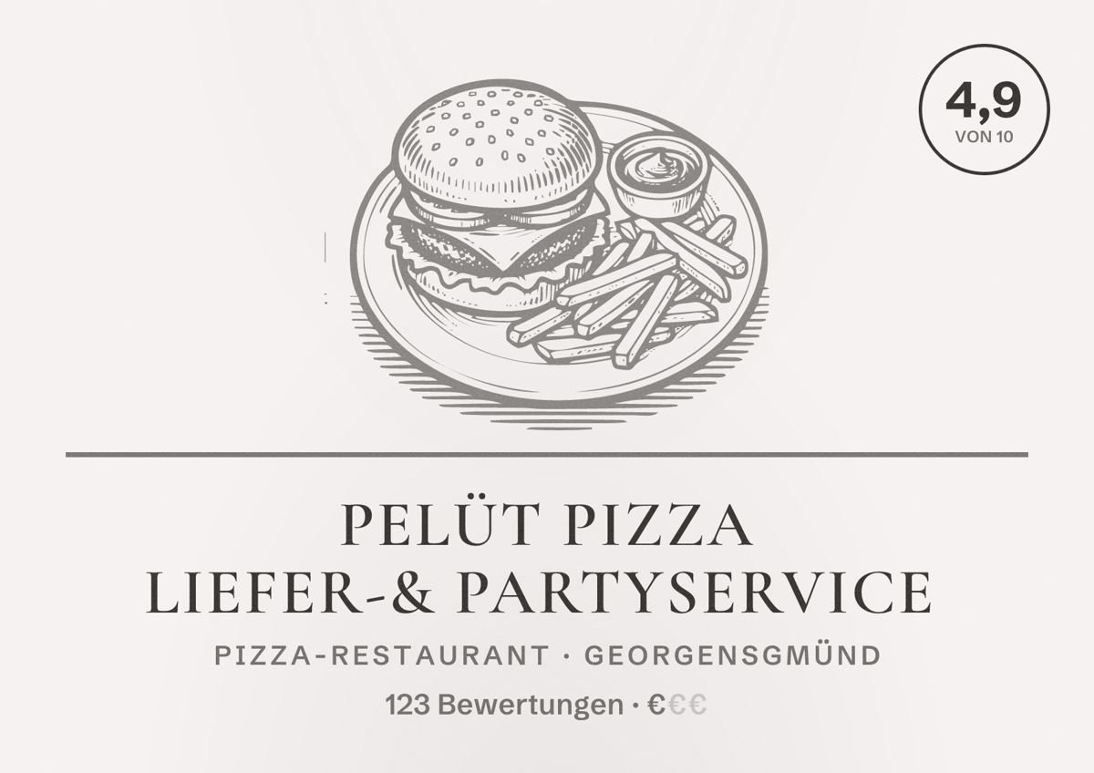 Illustriertes Poster von Pelüt Pizza Liefer-& Partyservice, Pizza-Restaurant in Georgensgmünd: Bewertung 4,9 von 10 aus 123 Bewertungen, Preisniveau €