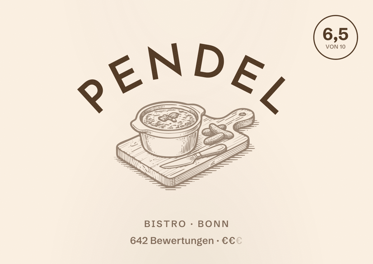 Illustriertes Poster von Pendel, Bistro in Bonn: Bewertung 6,5 von 10 aus 642 Bewertungen, Preisniveau €€