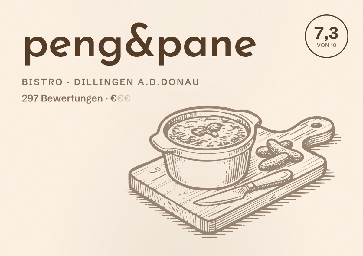 Illustriertes Poster von peng&pane, Bistro in Dillingen a.d.Donau: Bewertung 7,3 von 10 aus 297 Bewertungen, Preisniveau €