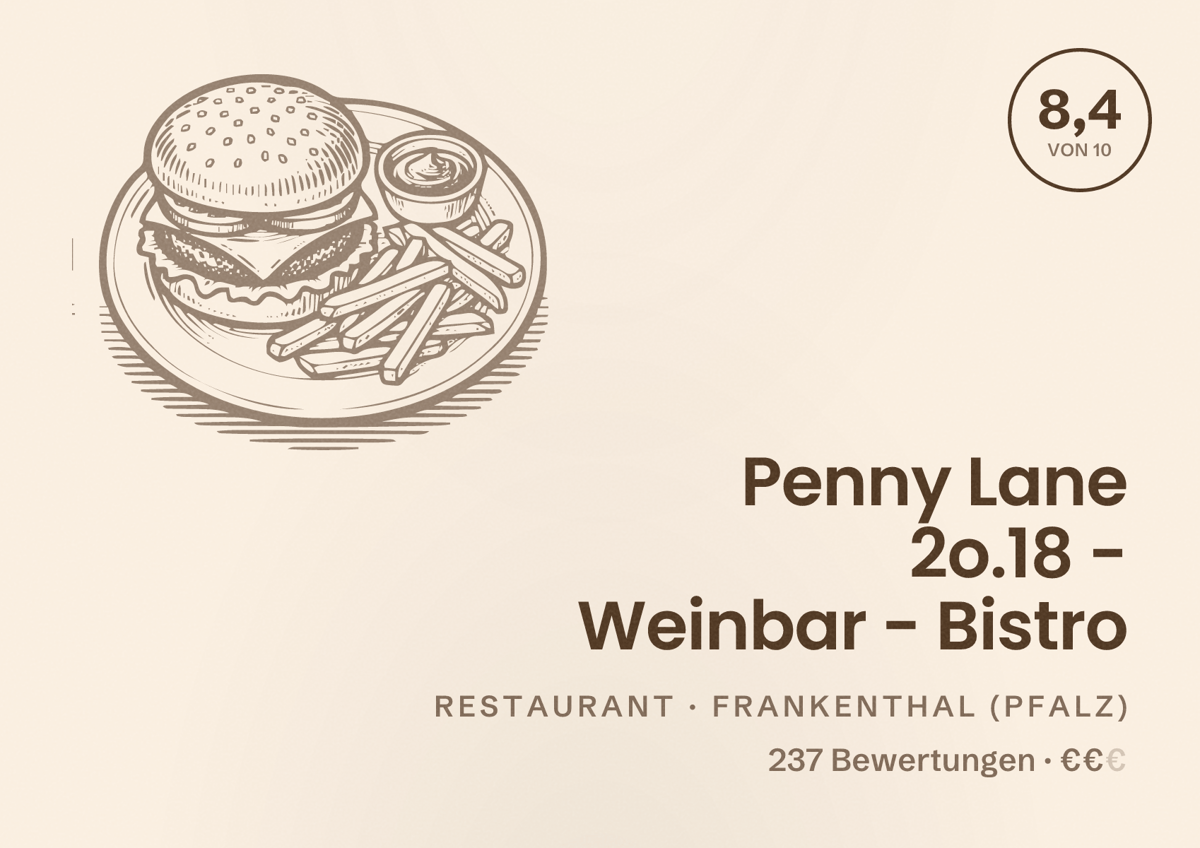 Illustriertes Poster von Penny Lane 2o.18 - Weinbar - Bistro, Restaurant in Frankenthal (Pfalz): Bewertung 8,4 von 10 aus 237 Bewertungen, Preisniveau €€