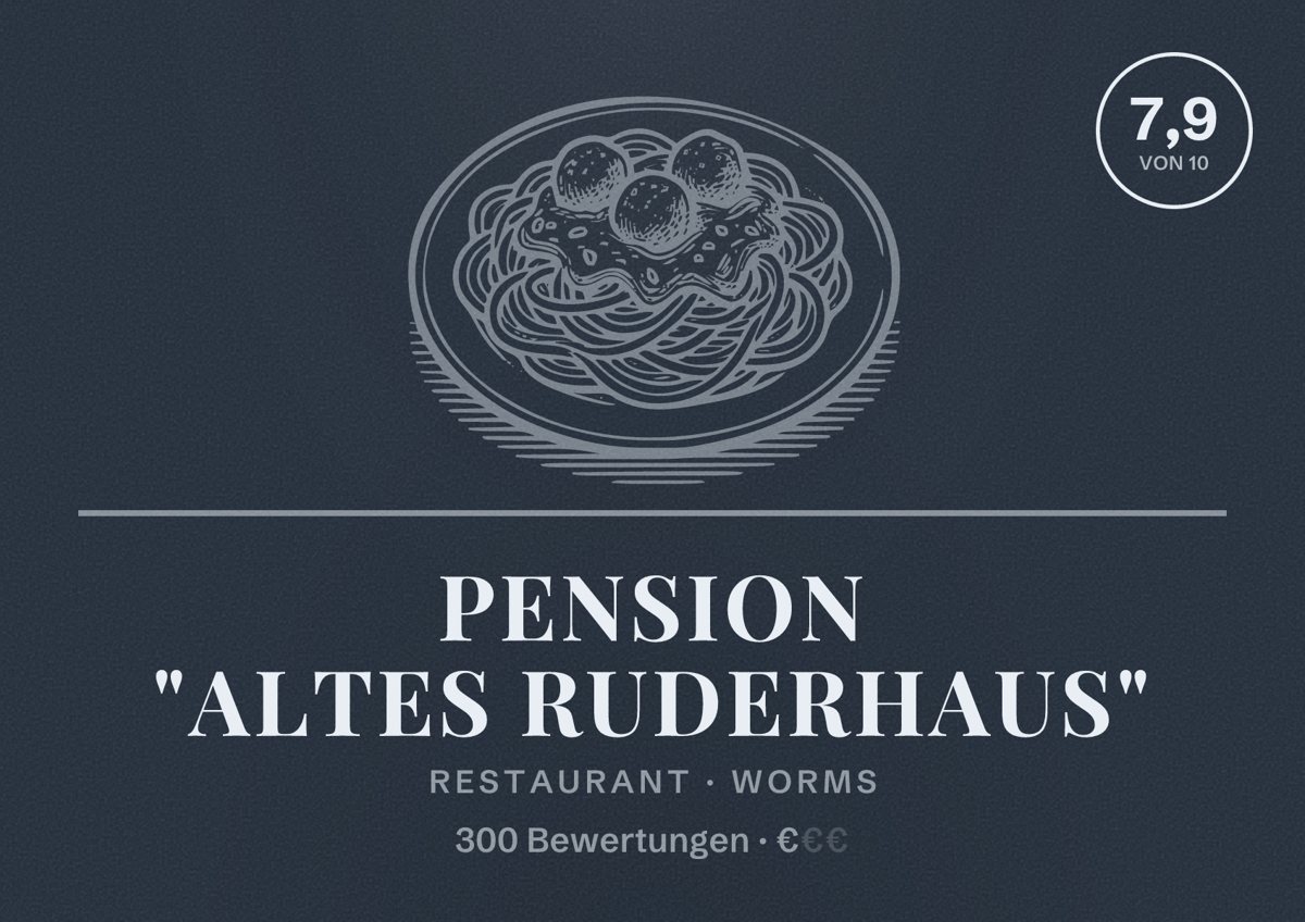 Illustriertes Poster von Pension "Altes Ruderhaus", Restaurant in Worms: Bewertung 7,9 von 10 aus 300 Bewertungen, Preisniveau €