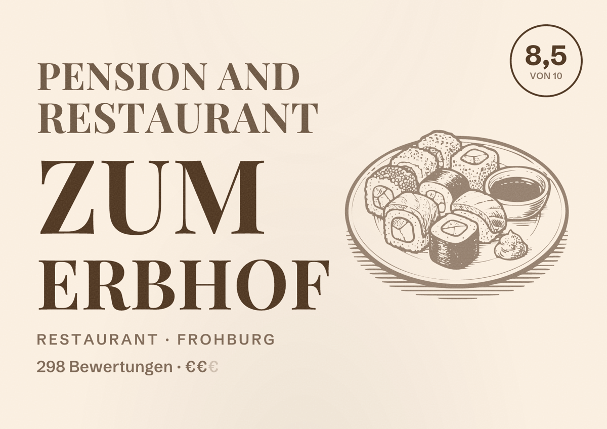 Illustriertes Poster von Pension and restaurant Zum Erbhof, Restaurant in Frohburg: Bewertung 8,5 von 10 aus 298 Bewertungen, Preisniveau €€
