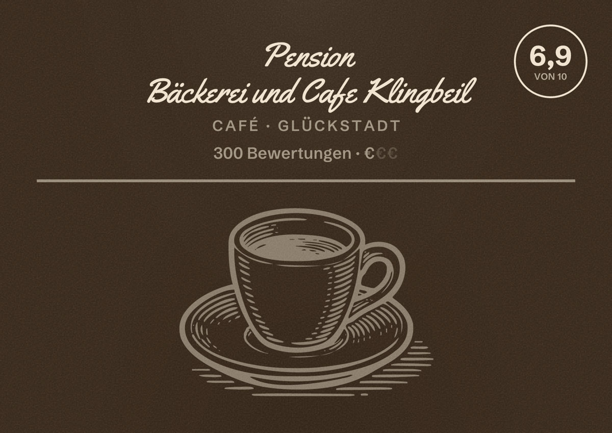 Illustriertes Poster von Pension Bäckerei und Cafe Klingbeil, Café in Glückstadt: Bewertung 6,9 von 10 aus 300 Bewertungen, Preisniveau €