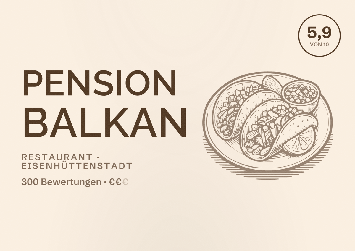 Illustriertes Poster von Pension Balkan, Restaurant in Eisenhüttenstadt: Bewertung 5,9 von 10 aus 300 Bewertungen, Preisniveau €€