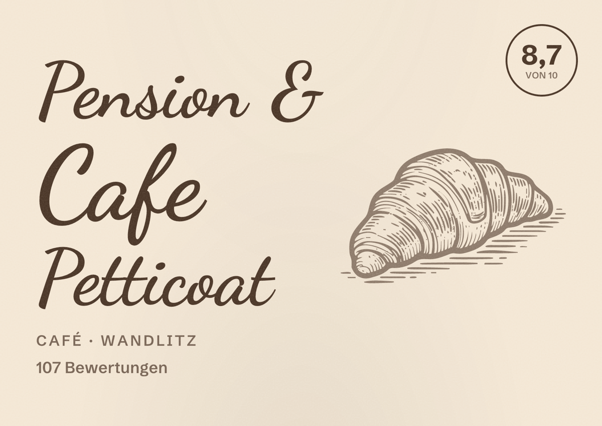 Illustriertes Poster von Pension & Cafe Petticoat, Café in Wandlitz: Bewertung 8,7 von 10 aus 107 Bewertungen