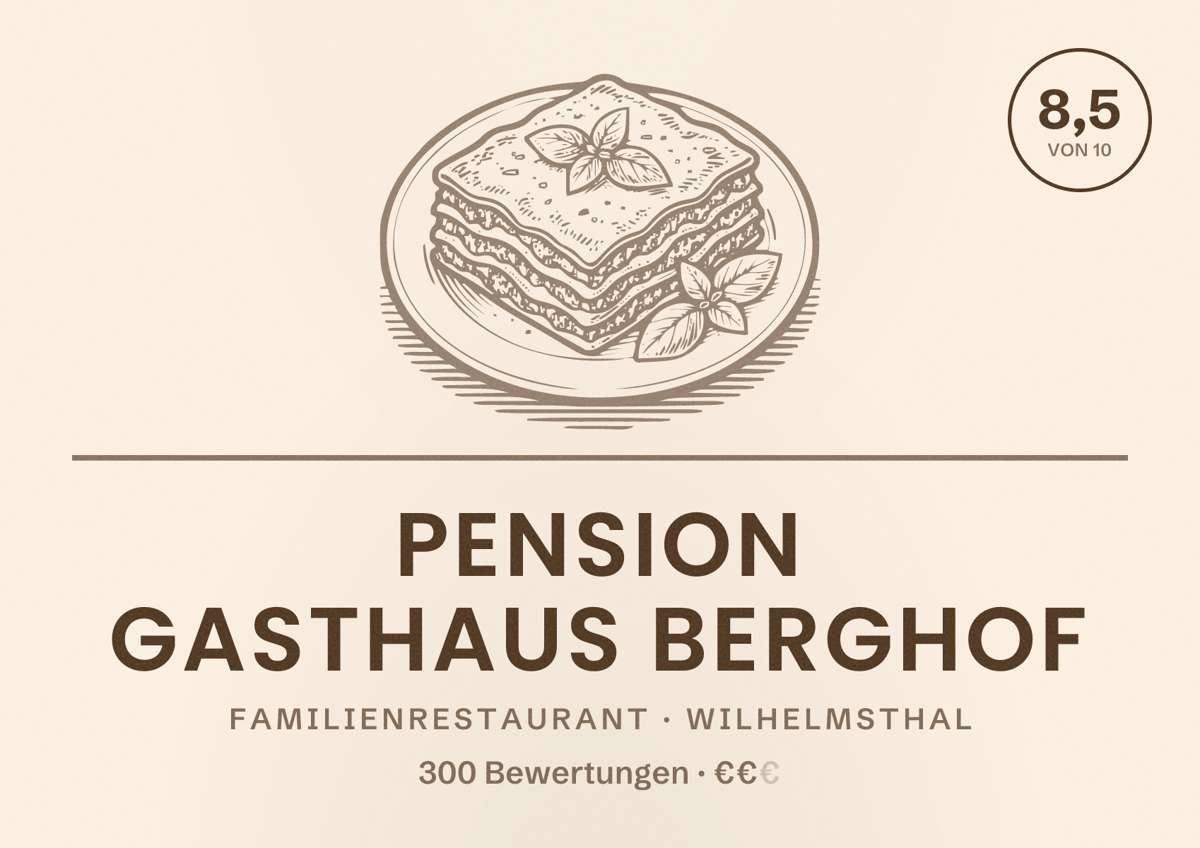 Illustriertes Poster von Pension Gasthaus Berghof, Familienrestaurant in Wilhelmsthal: Bewertung 8,5 von 10 aus 300 Bewertungen, Preisniveau €€