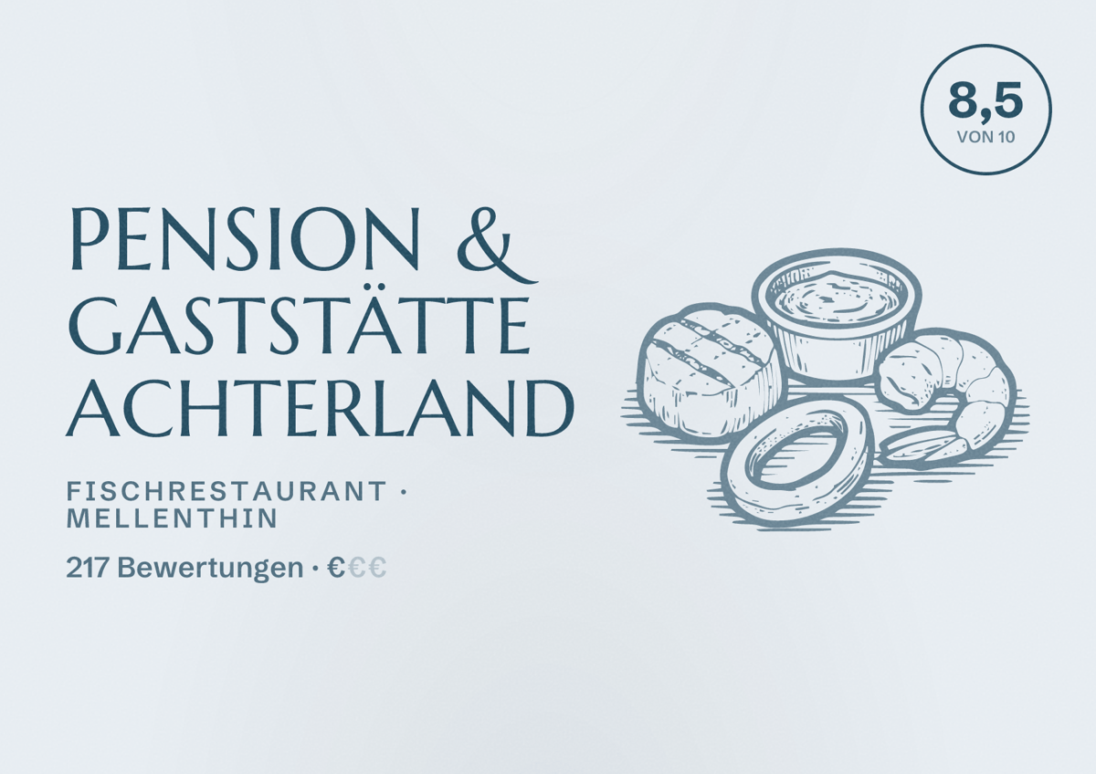 Illustriertes Poster von Pension & Gaststätte Achterland, Fischrestaurant in Mellenthin: Bewertung 8,5 von 10 aus 217 Bewertungen, Preisniveau €