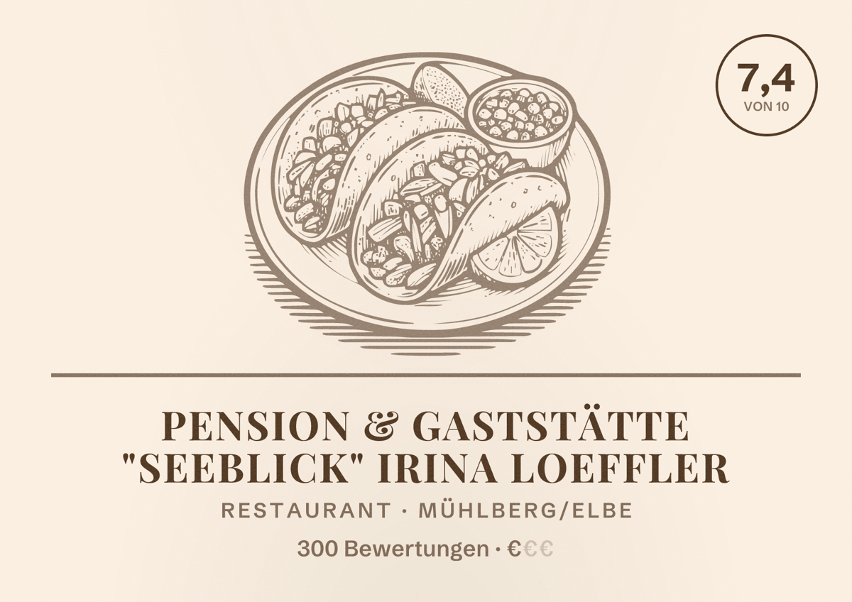 Illustriertes Poster von Pension & Gaststätte "Seeblick" Irina Loeffler, Restaurant in Mühlberg/Elbe: Bewertung 7,4 von 10 aus 300 Bewertungen, Preisniveau €