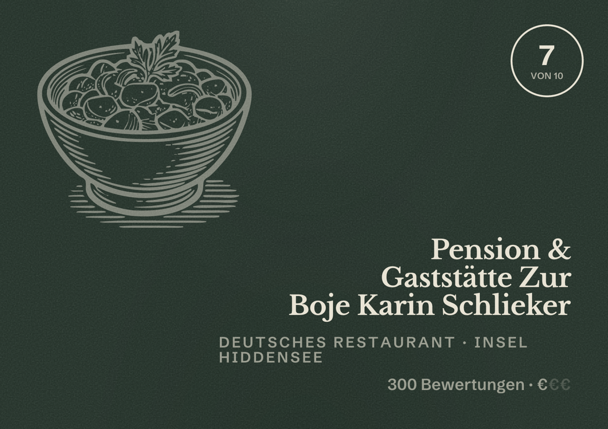 Illustriertes Poster von Pension & Gaststätte Zur Boje Karin Schlieker, Deutsches Restaurant in Insel Hiddensee: Bewertung 7 von 10 aus 300 Bewertungen, Preisniveau €
