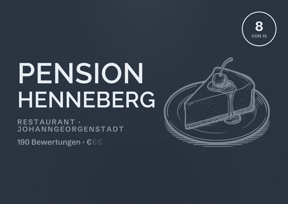 Illustriertes Poster von Pension Henneberg, Restaurant in Johanngeorgenstadt: Bewertung 8 von 10 aus 190 Bewertungen, Preisniveau €