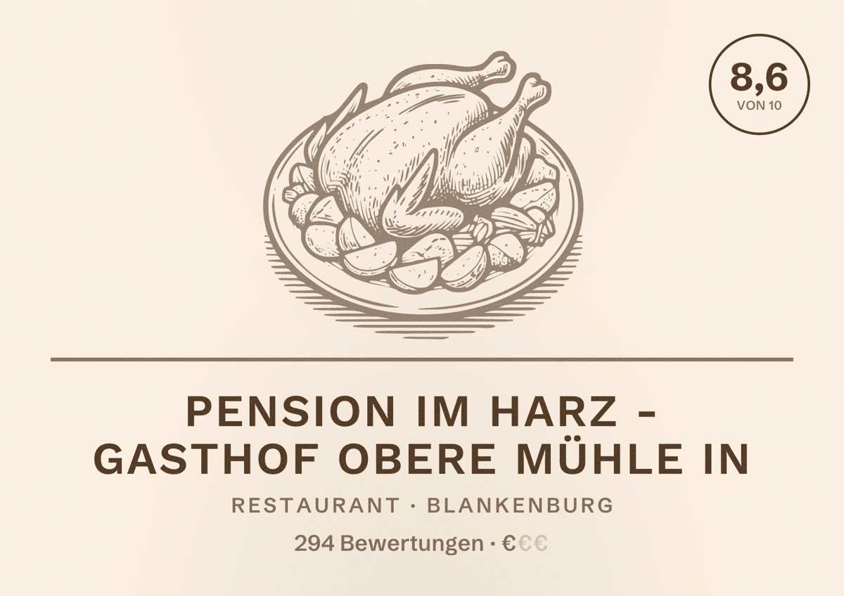 Illustriertes Poster von Pension im Harz - Gasthof Obere Mühle in, Restaurant in Blankenburg: Bewertung 8,6 von 10 aus 294 Bewertungen, Preisniveau €