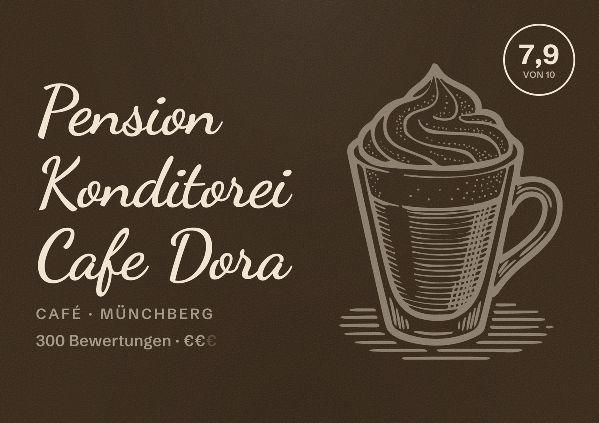 Illustriertes Poster von Pension Konditorei Cafe Dora, Café in Münchberg: Bewertung 7,9 von 10 aus 300 Bewertungen, Preisniveau €€