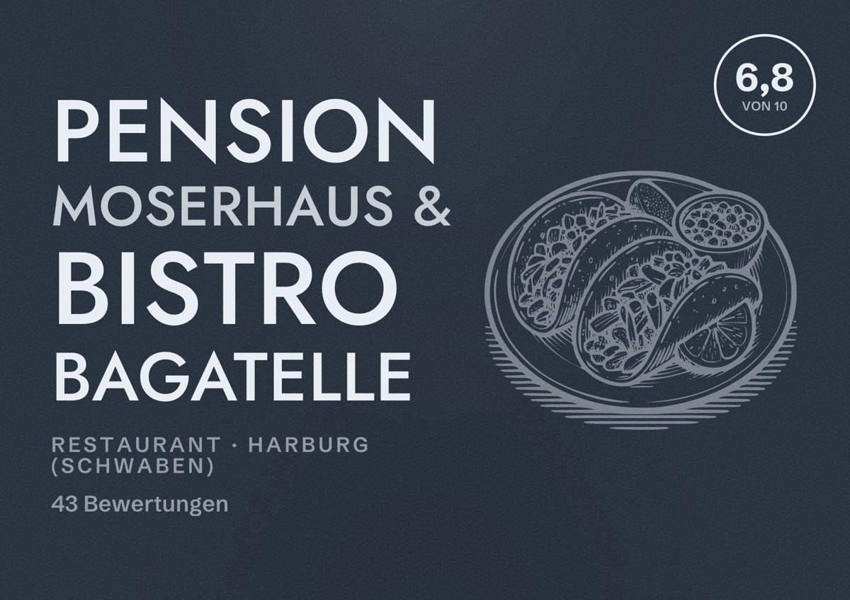 Illustriertes Poster von Pension Moserhaus & Bistro Bagatelle, Restaurant in Harburg (Schwaben): Bewertung 6,8 von 10 aus 43 Bewertungen