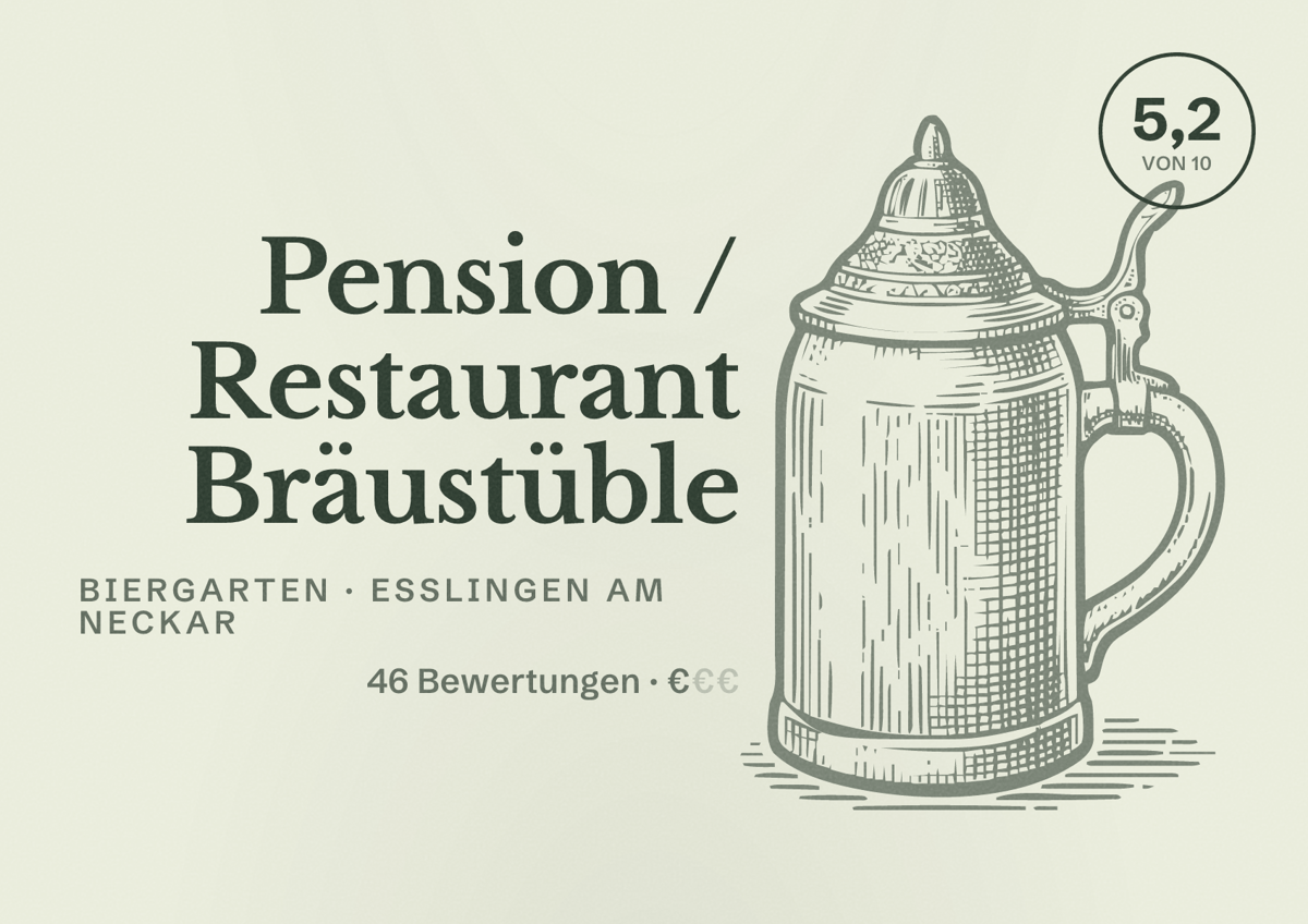 Illustriertes Poster von Pension / Restaurant Bräustüble, Biergarten in Esslingen am Neckar: Bewertung 5,2 von 10 aus 46 Bewertungen, Preisniveau €