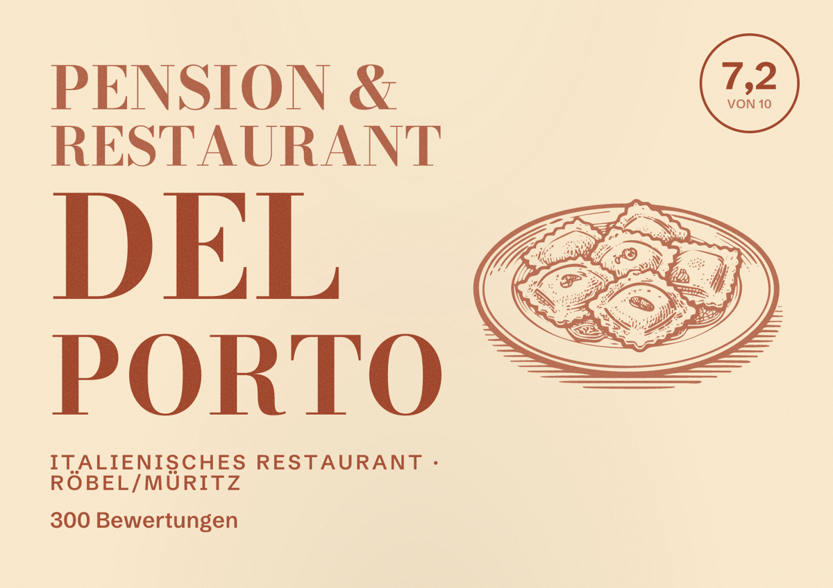 Illustriertes Poster von Pension & Restaurant Del Porto, Italienisches Restaurant in Röbel/Müritz: Bewertung 7,2 von 10 aus 300 Bewertungen