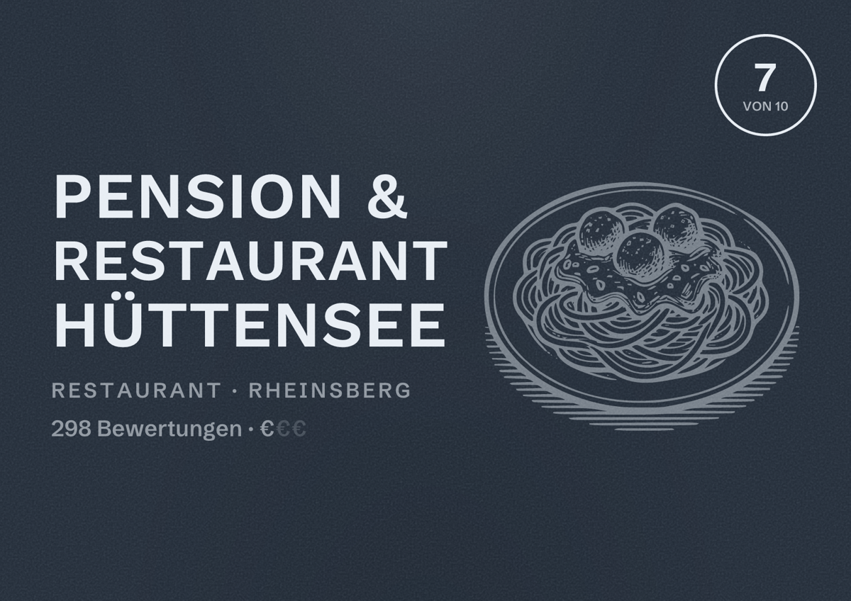Illustriertes Poster von Pension & Restaurant Hüttensee, Restaurant in Rheinsberg: Bewertung 7 von 10 aus 298 Bewertungen, Preisniveau €