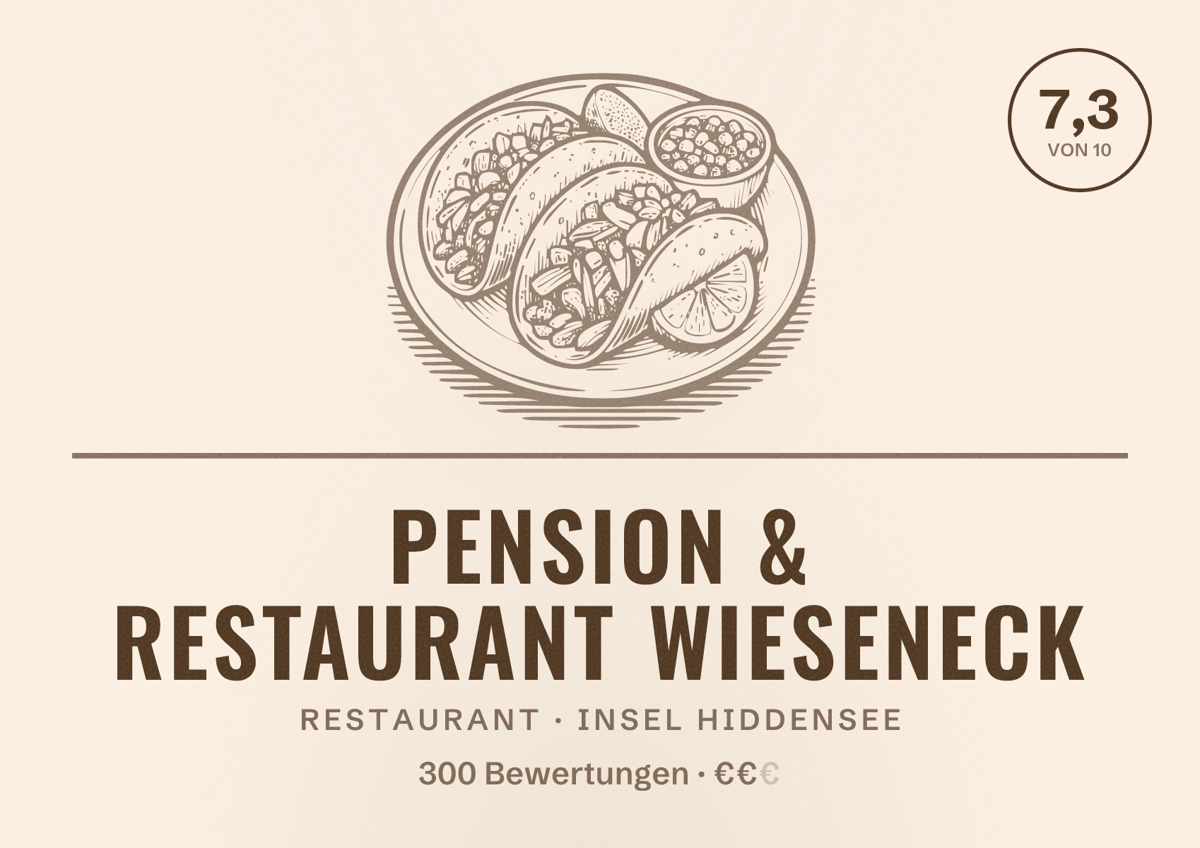 Illustriertes Poster von Pension & Restaurant Wieseneck, Restaurant in Insel Hiddensee: Bewertung 7,3 von 10 aus 300 Bewertungen, Preisniveau €€