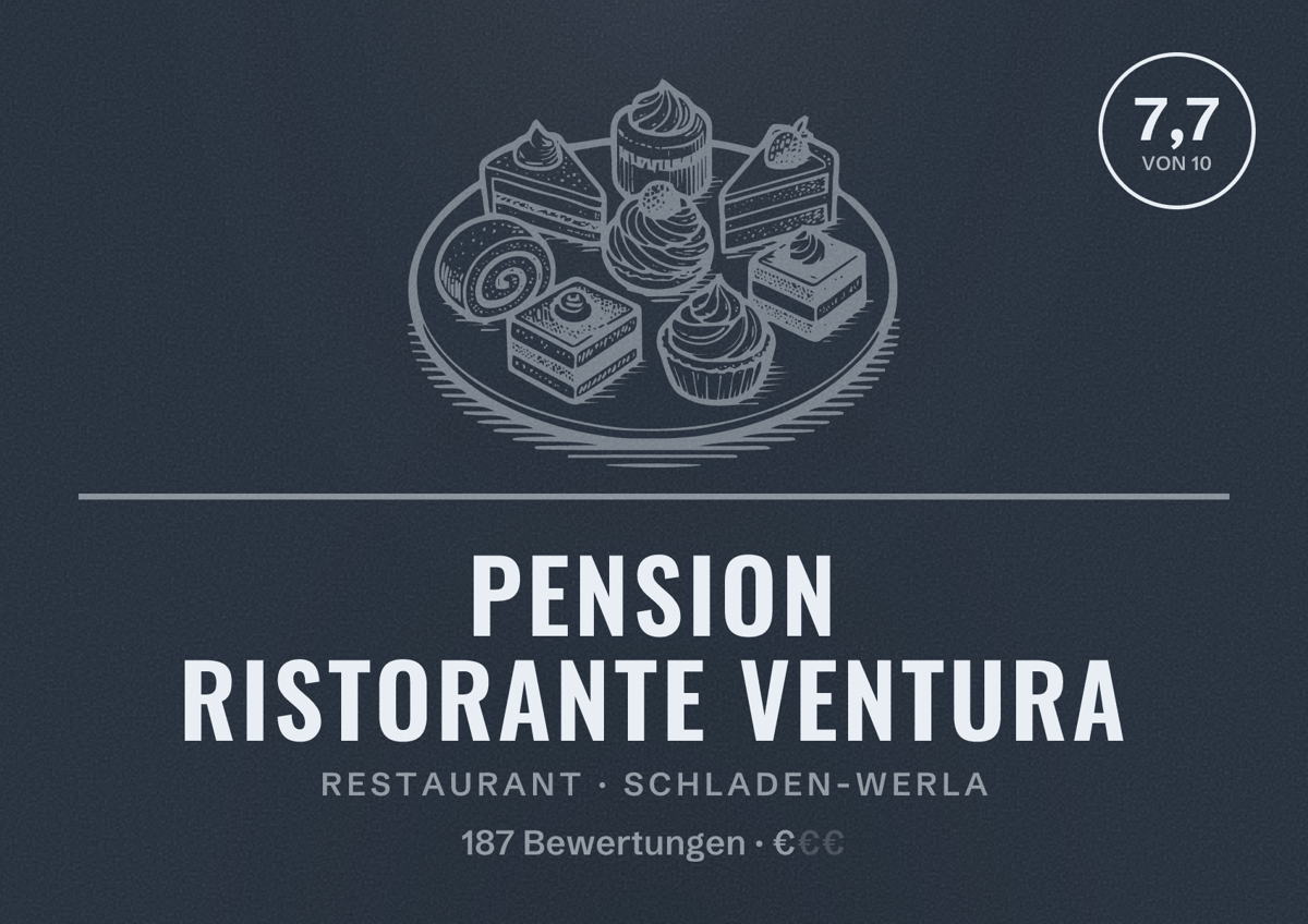 Illustriertes Poster von Pension Ristorante Ventura, Restaurant in Schladen-Werla: Bewertung 7,7 von 10 aus 187 Bewertungen, Preisniveau €