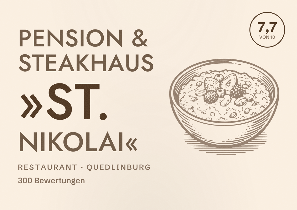 Illustriertes Poster von Pension & Steakhaus »St. Nikolai«, Restaurant in Quedlinburg: Bewertung 7,7 von 10 aus 300 Bewertungen
