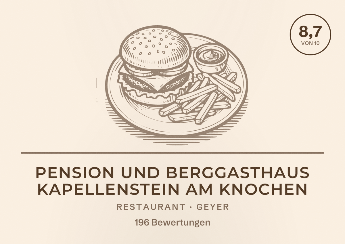 Illustriertes Poster von Pension und Berggasthaus Kapellenstein Am Knochen, Restaurant in Geyer: Bewertung 8,7 von 10 aus 196 Bewertungen