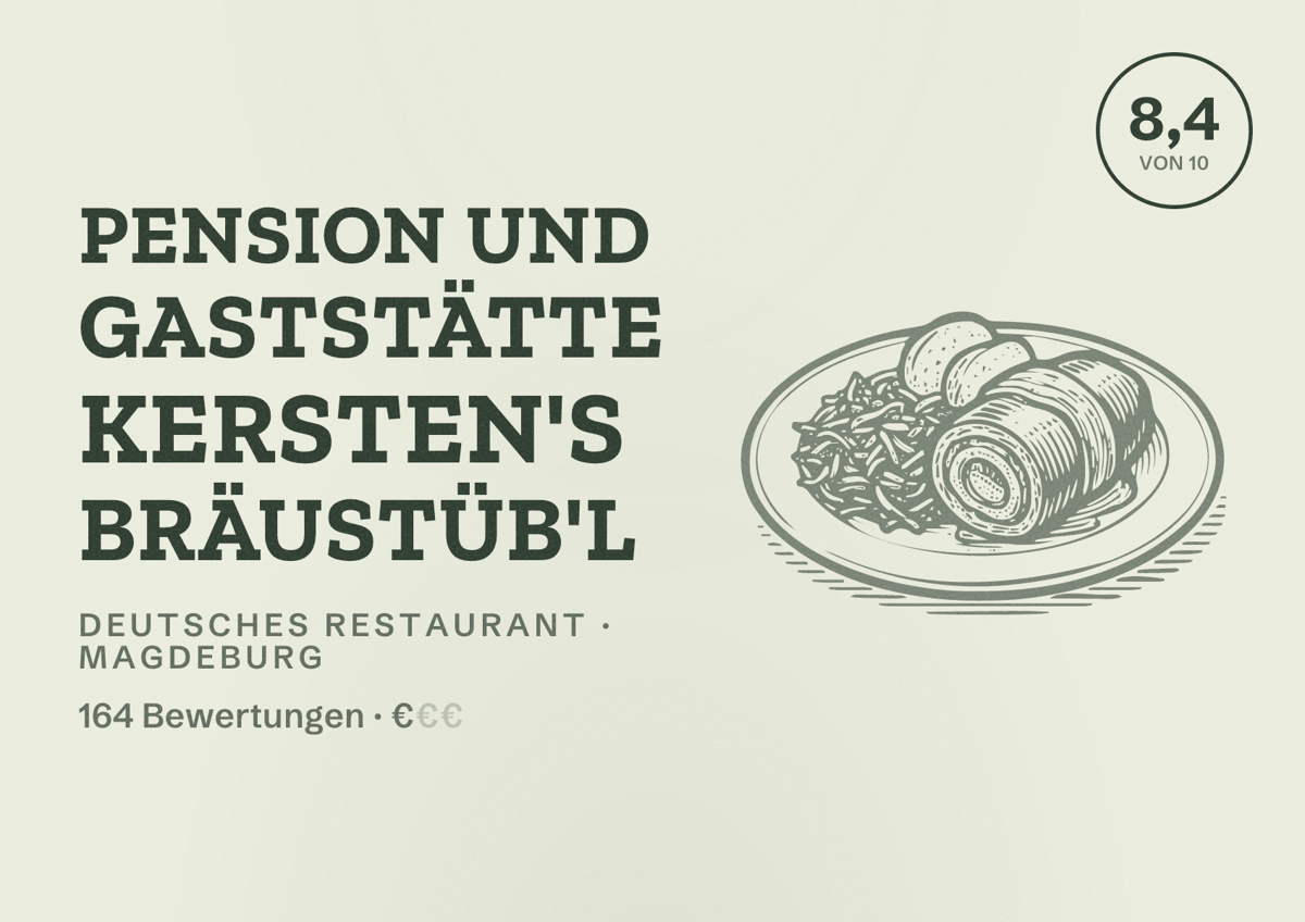 Illustriertes Poster von Pension und Gaststätte Kersten's Bräustüb'l, Deutsches Restaurant in Magdeburg: Bewertung 8,4 von 10 aus 164 Bewertungen, Preisniveau €