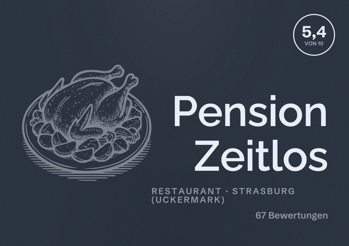 Illustriertes Poster von Pension Zeitlos, Restaurant in Strasburg (Uckermark): Bewertung 5,4 von 10 aus 67 Bewertungen