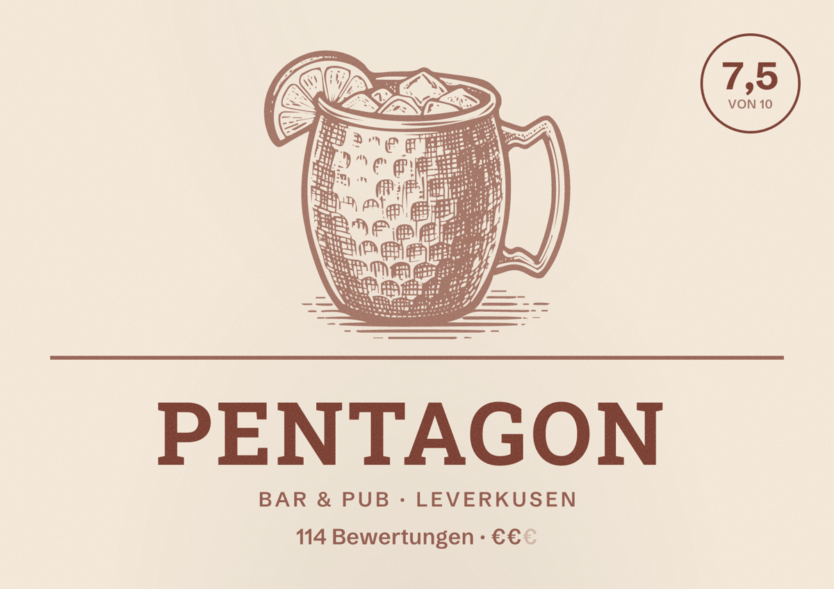 Illustriertes Poster von Pentagon, Bar & Pub in Leverkusen: Bewertung 7,5 von 10 aus 114 Bewertungen, Preisniveau €€
